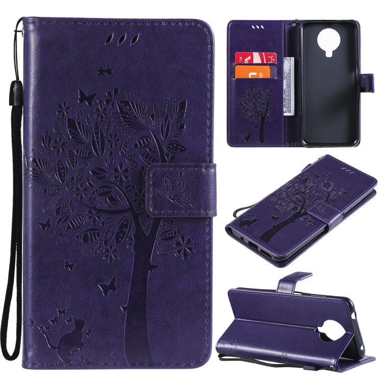 Purple tree-and-cat PU leather phone wallet case with card slots and lanyard holder