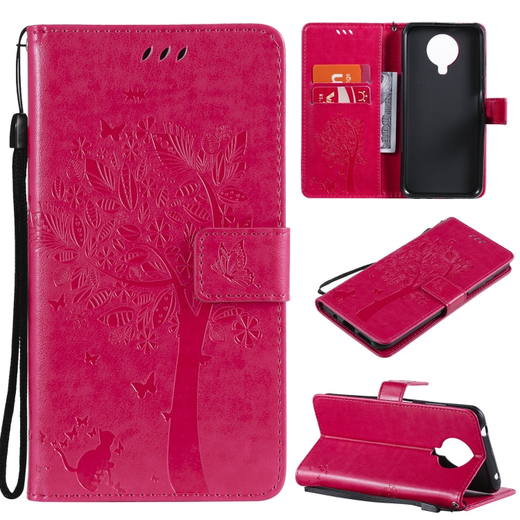 Magenta/pink tree-and-cat PU leather phone wallet case with card slots and lanyard holder