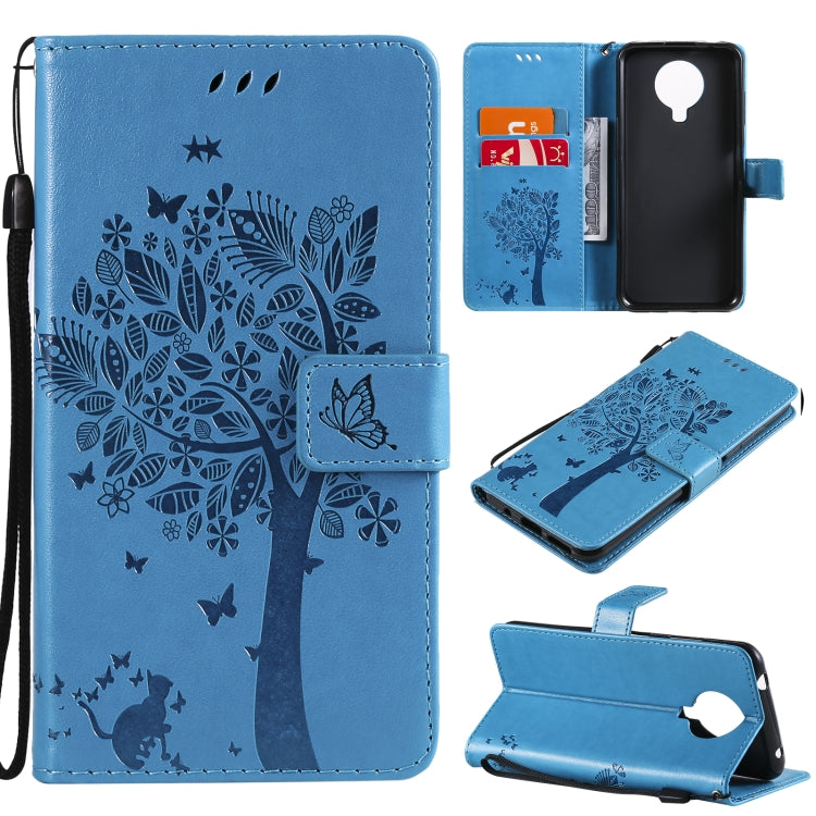 Blue tree-and-cat PU leather phone wallet case with card slots and lanyard holder