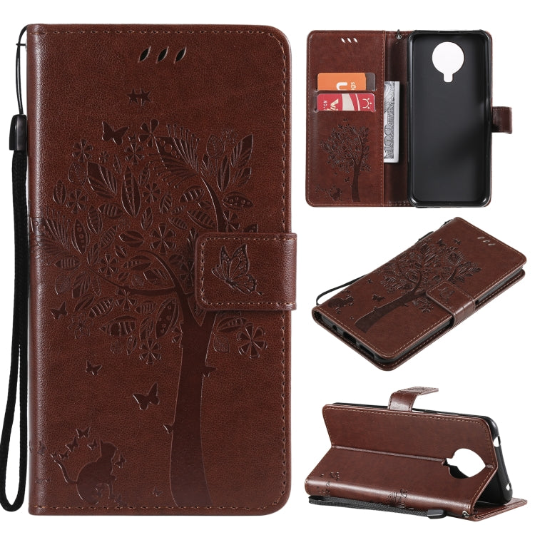 Brown tree-and-cat PU leather phone wallet case with card slots and lanyard holder