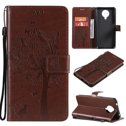 Brown tree-and-cat PU leather phone wallet case with card slots and lanyard holder