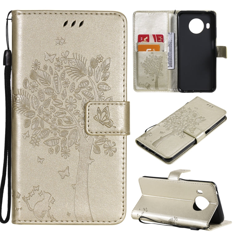 Gold PU leather phone case with tree, cat, butterfly pattern; card slots and stand; lanyard.
