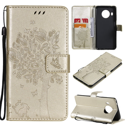 Gold PU leather phone case with tree, cat, butterfly pattern; card slots and stand; lanyard.