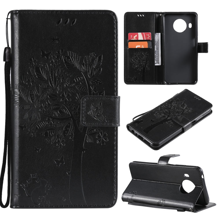Black PU leather phone case with embossed tree, cat, butterfly pattern; card slots, stand, lanyard.