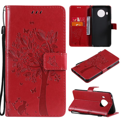 Red PU leather phone case with tree, cat, butterfly pressed pattern; card slots and stand; lanyard.