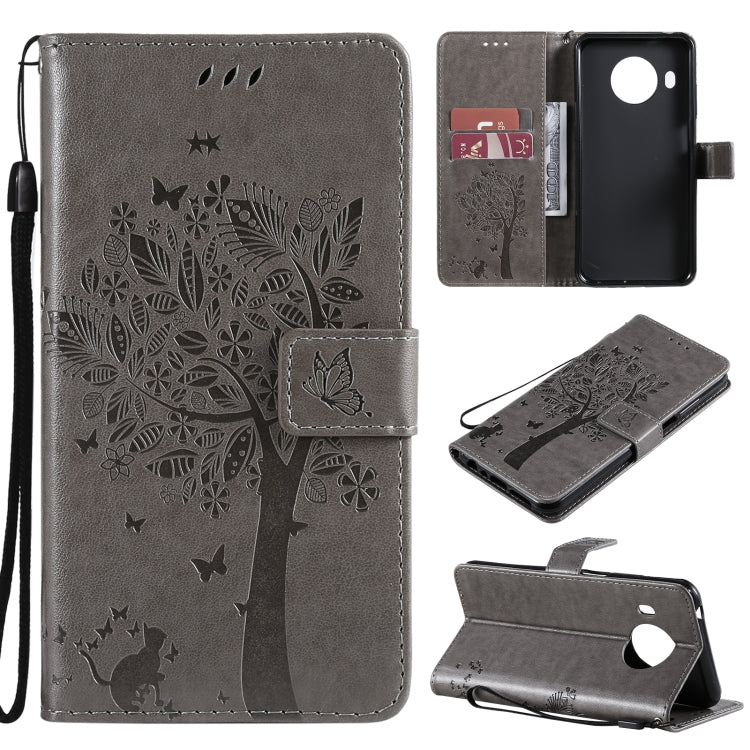 Gray PU leather phone case with embossed tree, cat, butterfly pattern; card slots, stand, lanyard.