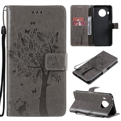 Gray PU leather phone case with embossed tree, cat, butterfly pattern; card slots, stand, lanyard.