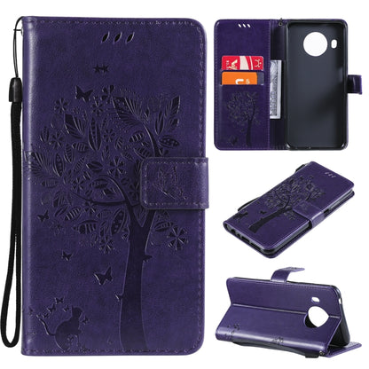 Purple PU leather phone case with embossed tree, cat, butterfly pattern; card slots, stand, lanyard.