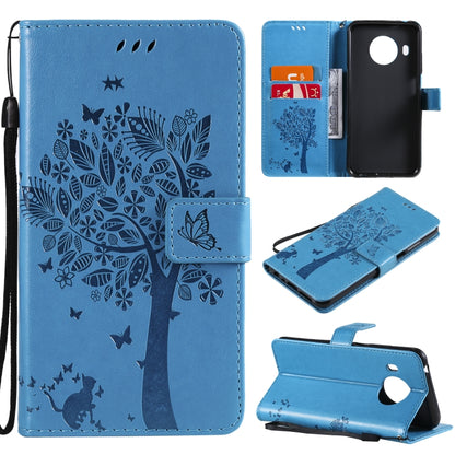 Blue PU leather phone case with tree, cat, butterfly pressed pattern; card slots, stand; lanyard.
