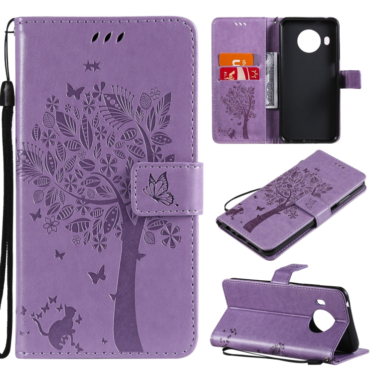 Purple PU leather phone wallet case with tree and butterfly pattern, card slots, flip stand, lanyard.