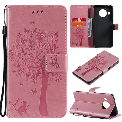 Light pink PU leather phone wallet case with tree and butterfly embossed pattern, card slots, lanyard.