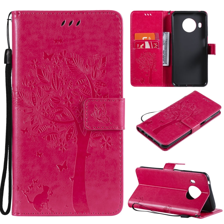 Hot pink PU leather phone wallet case with tree and butterfly embossed pattern, card slots, lanyard.