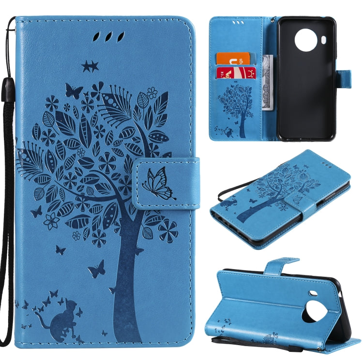 Blue PU leather phone wallet case with tree and butterfly embossed pattern, card slots, lanyard.