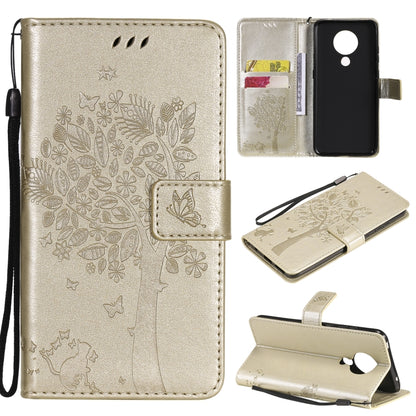 Gold leather phone wallet case with tree and butterfly pattern, flip cover, card slots