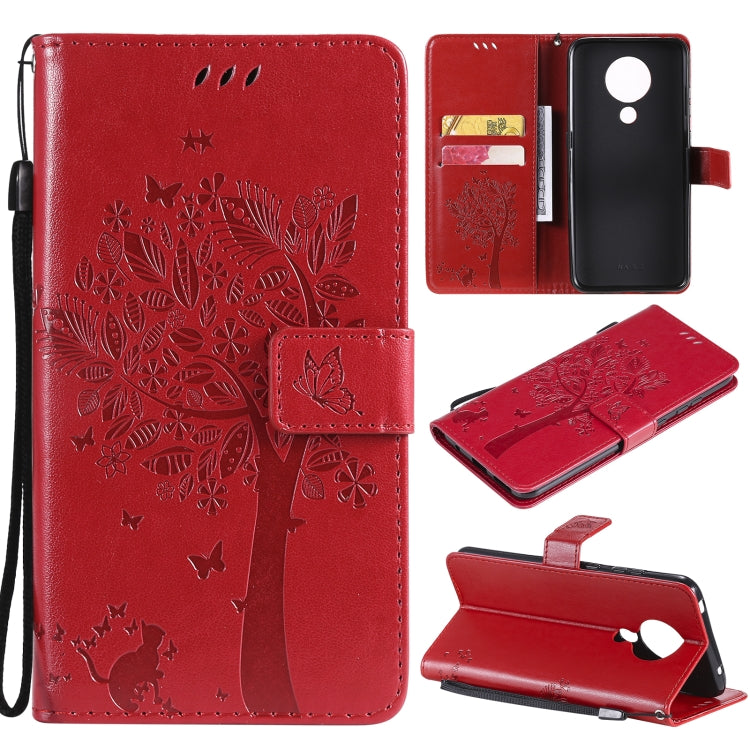 Red leather phone wallet case with tree and butterfly pattern, flip cover, card slots