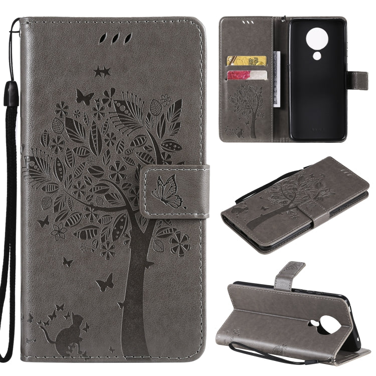 Gray leather phone wallet case with tree and butterfly pattern, flip cover, card slots