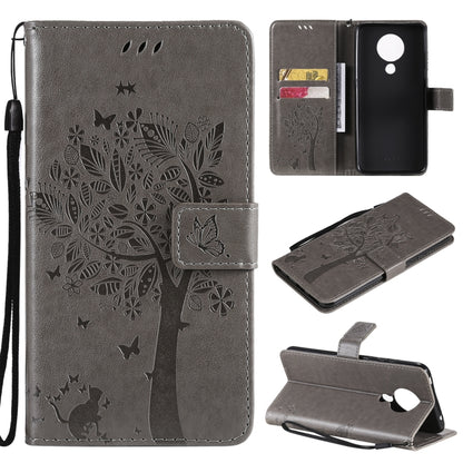 Gray leather phone wallet case with tree and butterfly pattern, flip cover, card slots