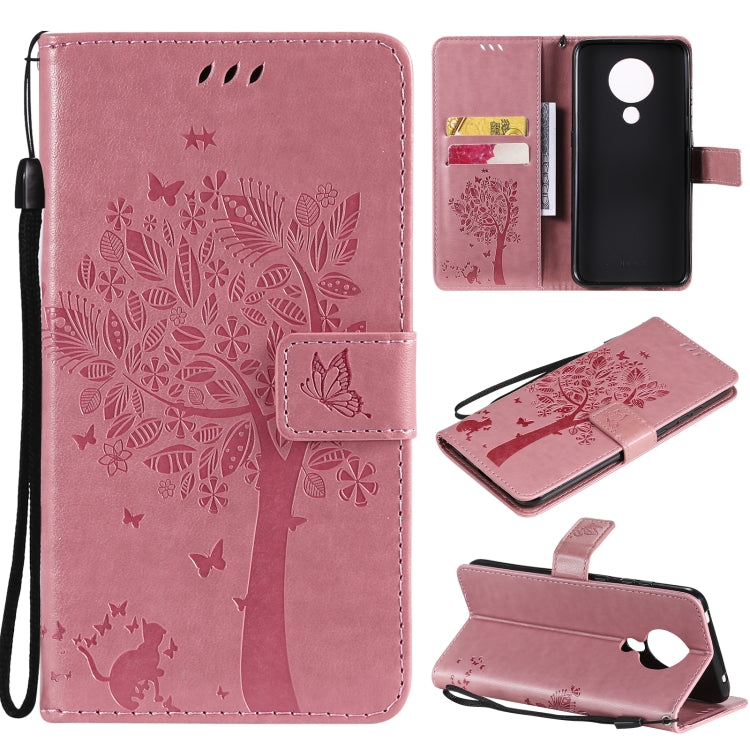 Pink leather phone wallet case with tree and butterfly pattern, flip cover, card slots