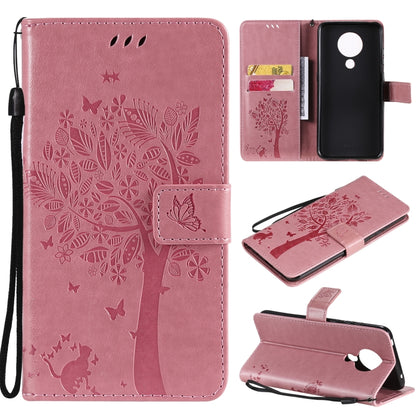 Pink leather phone wallet case with tree and butterfly pattern, flip cover, card slots