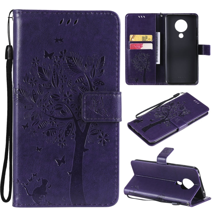 Navy blue leather phone wallet case with tree and butterfly pattern, flip cover, card slots