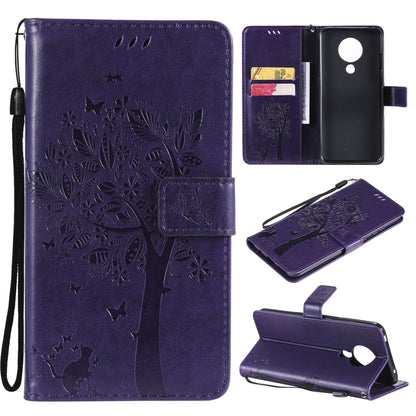 Navy blue leather phone wallet case with tree and butterfly pattern, flip cover, card slots