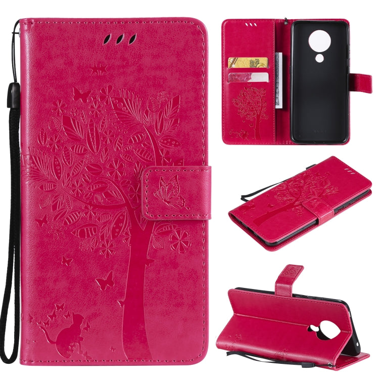 Magenta red leather phone wallet case with tree and butterfly pattern, flip cover, card slots