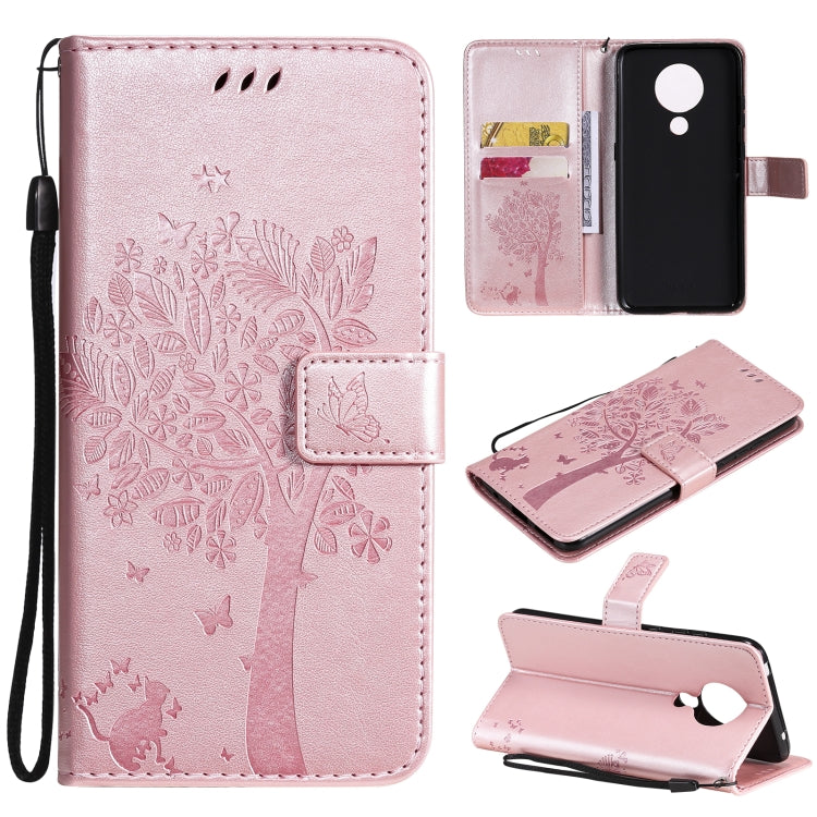 Pink PU leather phone wallet case with tree & butterfly pattern, card slots, wrist strap