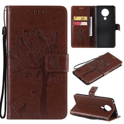 Brown PU leather phone wallet case with tree & butterfly pattern, card slots, wrist strap