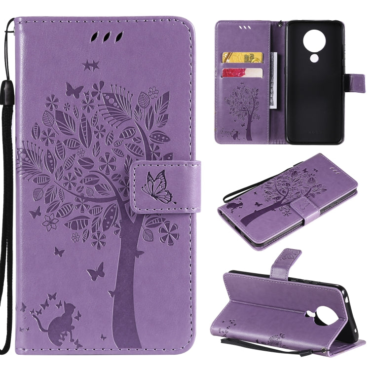 Purple PU leather phone wallet case with tree & butterfly pattern, card slots, wrist strap