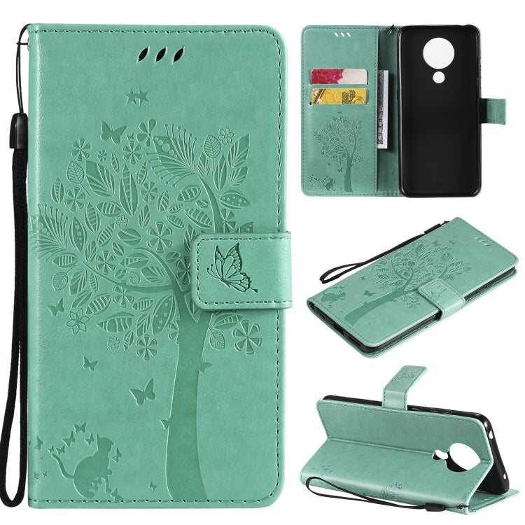 Green PU leather phone wallet case with tree & butterfly pattern, card slots, wrist strap