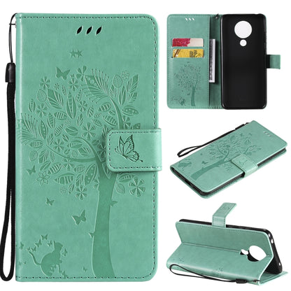 Green PU leather phone wallet case with tree & butterfly pattern, card slots, wrist strap