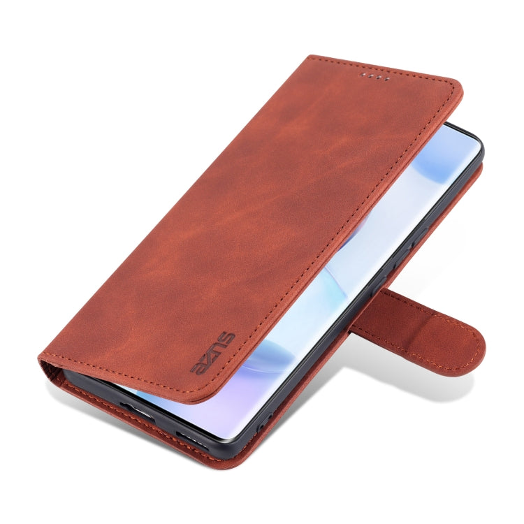 Brown leather flip phone wallet case, folded with screen visible and strap