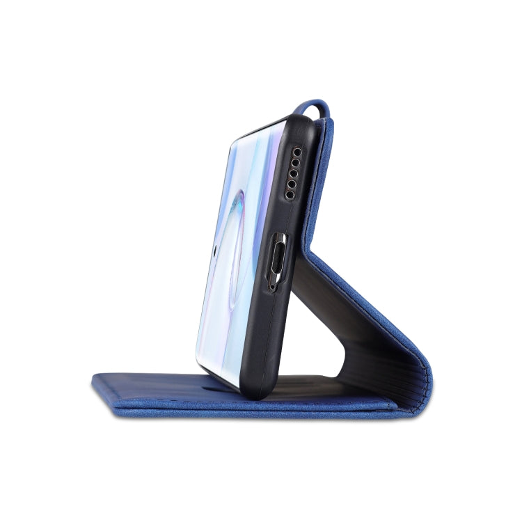 Blue leather flip phone wallet case with folded stand for viewing