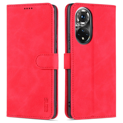 Leather flip phone case with card slots and holder, red with stitched front pocket