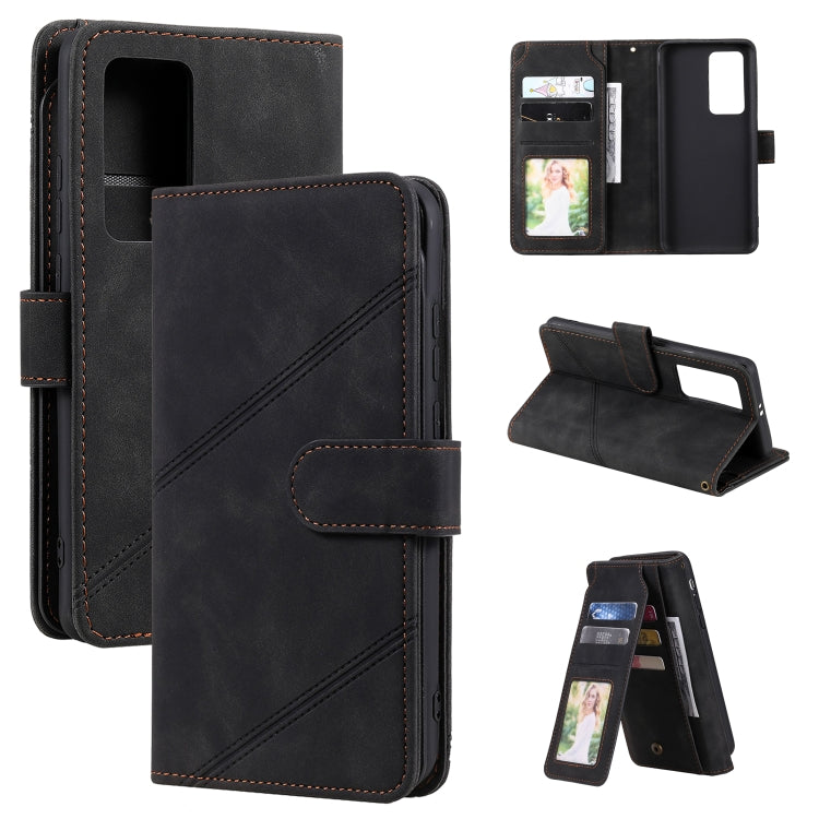 Black horizontal flip PU leather phone case with card holder, wallet flap, and strap