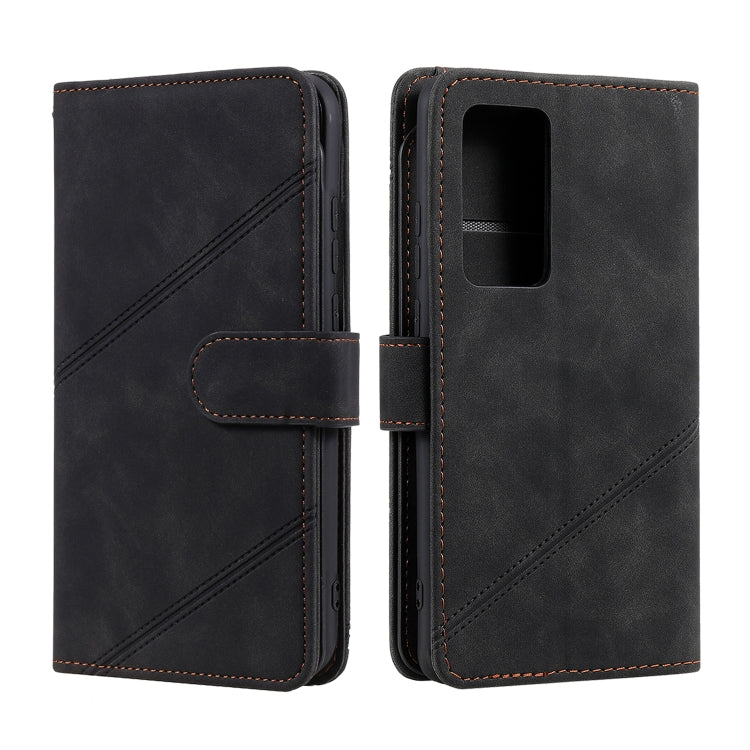 Black flip wallet phone case shown open and closed, with stitched card slot holder