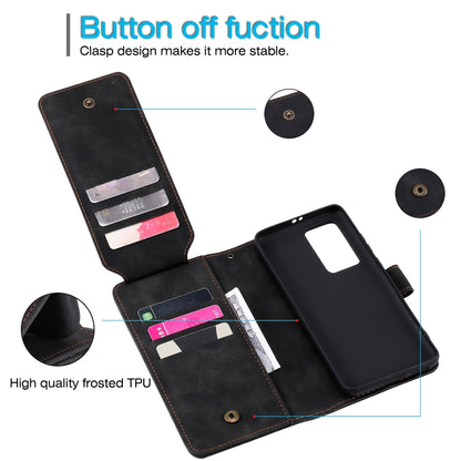 Black flip wallet phone case with frosted TPU back and multiple card and photo pockets