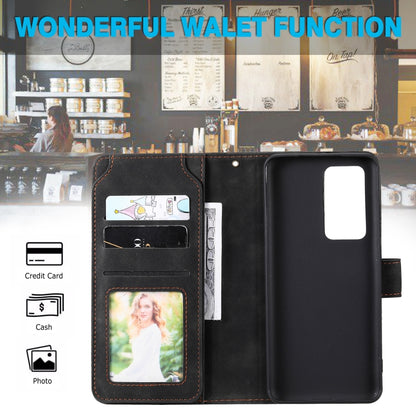 Black horizontal flip phone case with card slots and clear photo window pocket