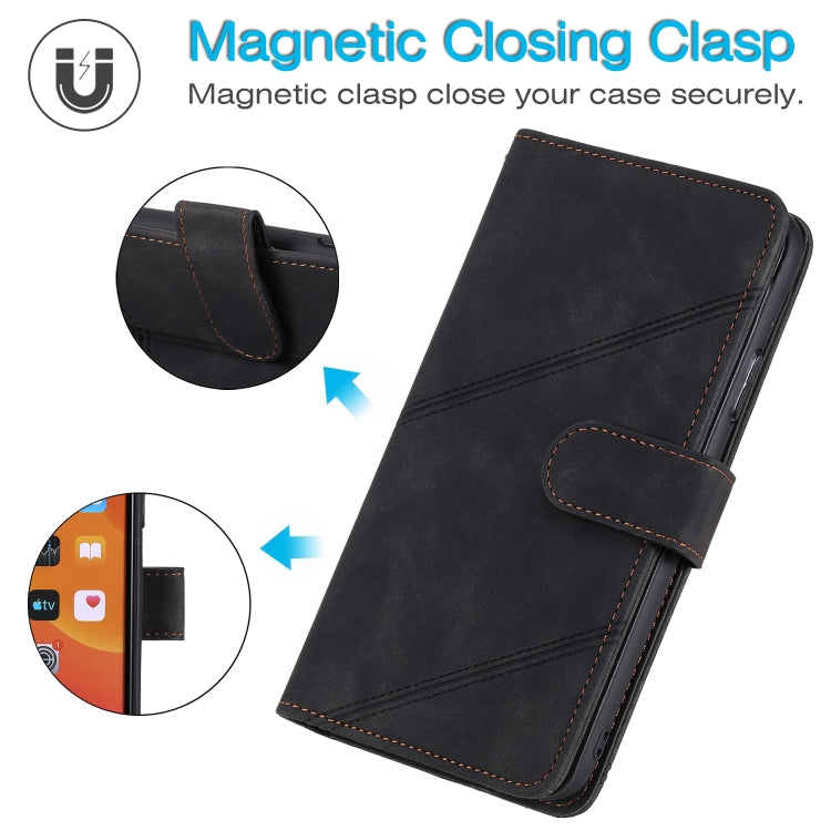 Black flip phone wallet with magnetic clasp closure and stitched cover panel