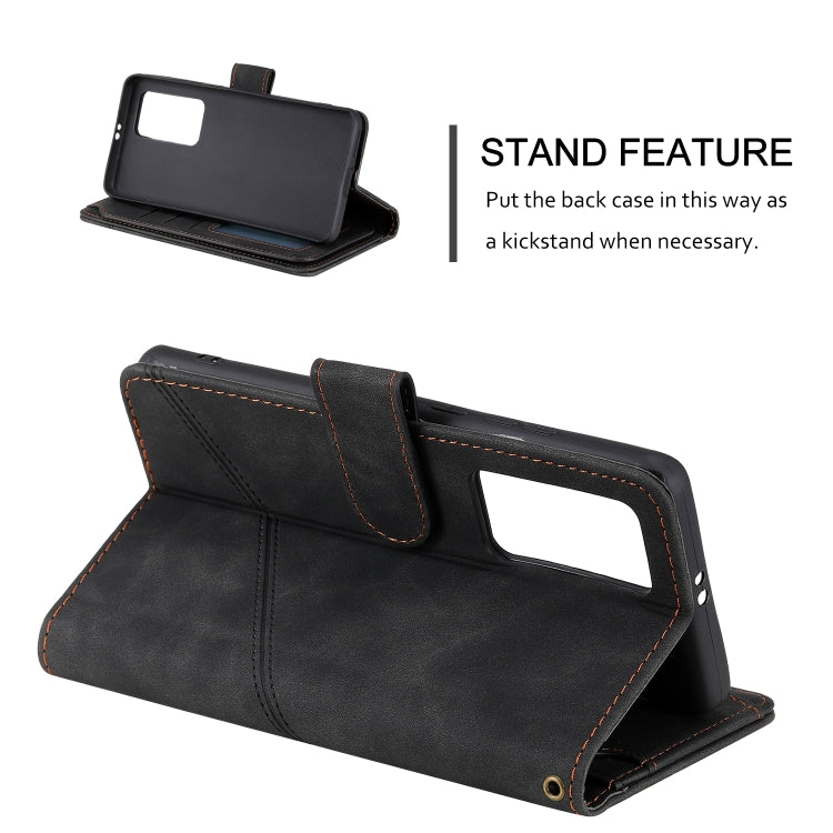Black flip wallet phone case in stand mode with angled viewing kickstand