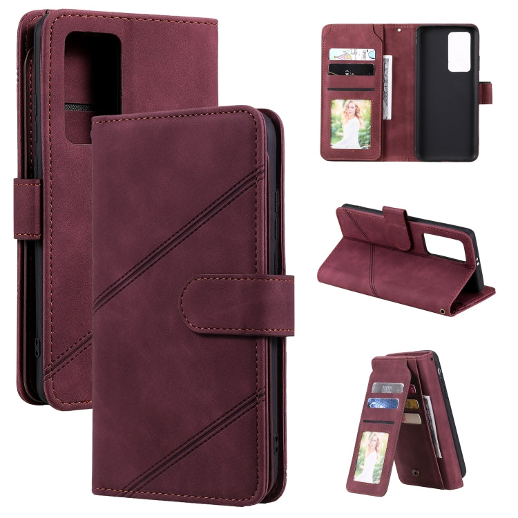 Burgundy flip wallet PU leather phone case with card holder, photo pocket, and stand