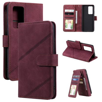 Burgundy flip wallet PU leather phone case with card holder, photo pocket, and stand