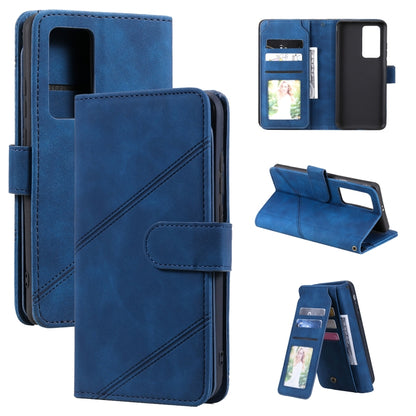 Blue PU leather wallet flip phone case with card slots and fold-out viewing stand