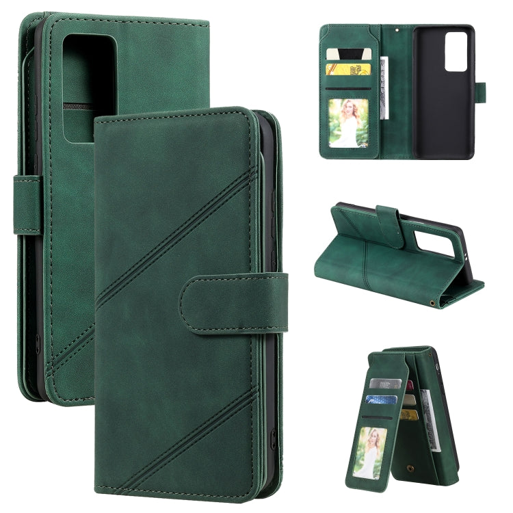 Green PU leather wallet flip phone case with card slots and fold-out stand