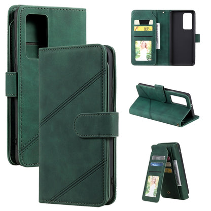 Green PU leather wallet flip phone case with card slots and fold-out stand