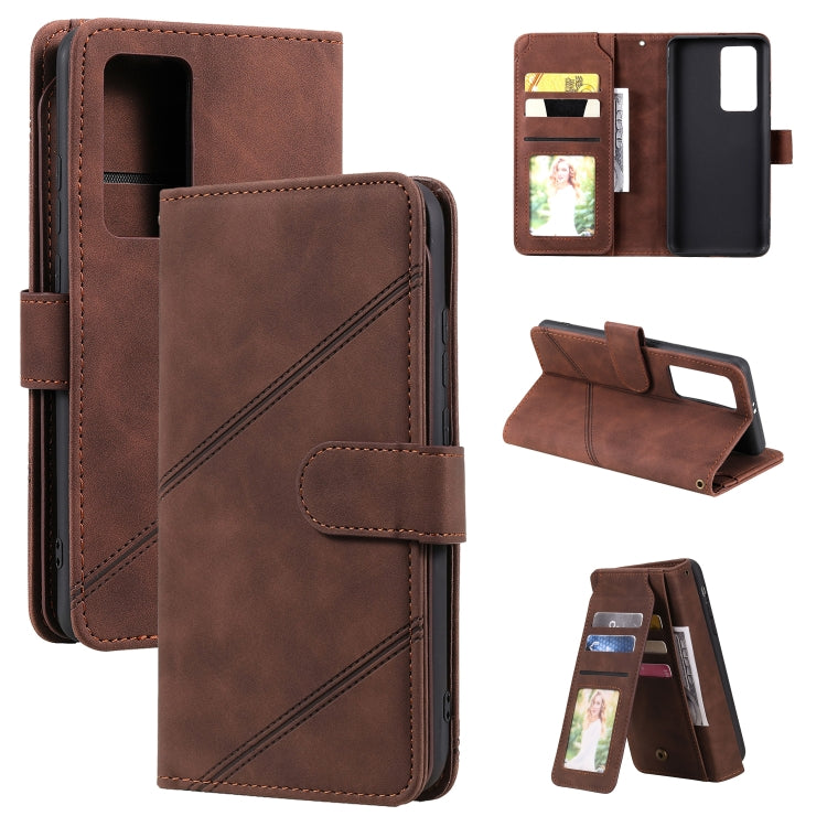 Brown PU leather wallet flip phone case with card slots and magnetic viewing stand