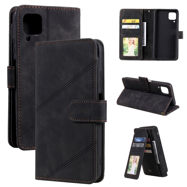 Black flip wallet phone case set showing open card slots, photo pocket, and stand view
