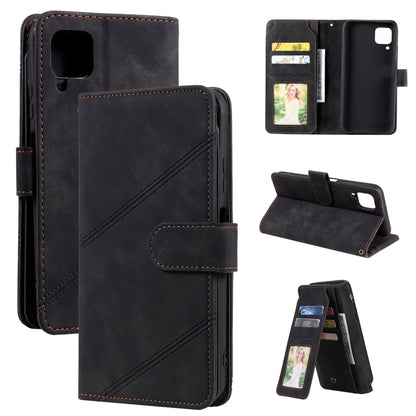 Black flip wallet phone case set showing open card slots, photo pocket, and stand view