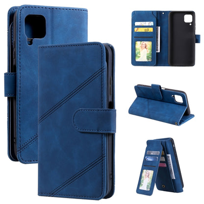 Blue PU leather flip phone case with diagonal stitching and front strap closure