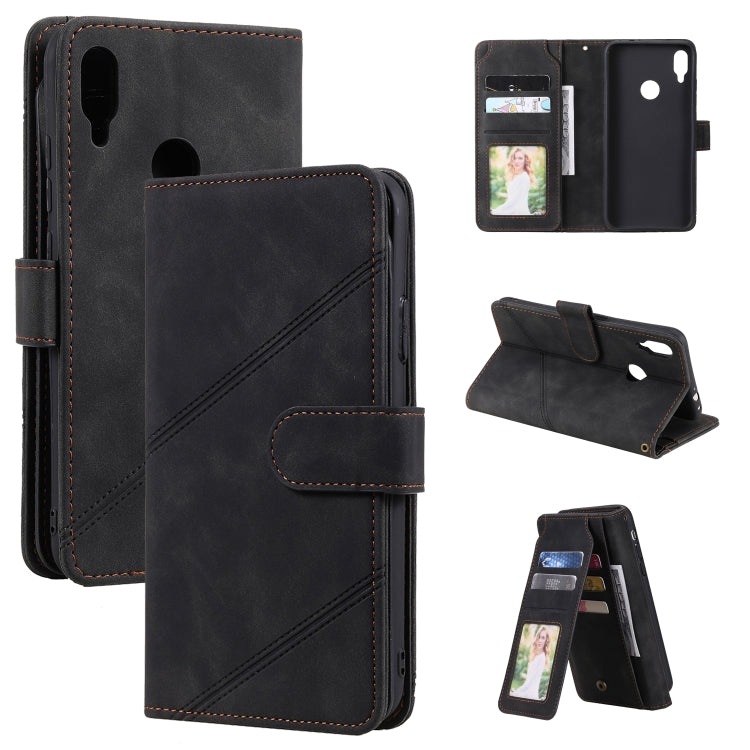 Black PU leather flip phone case with wallet slots, photo window, and stand view